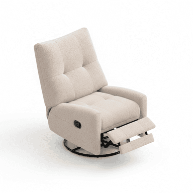 A beige upholstered recliner chair featuring a tufted backrest, integrated footrest, and a black circular swivel base. — 3D model (AI enhanced source)