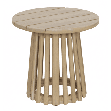 A round side table constructed from light-toned wood. It features a circular top made of evenly spaced wooden slats and a tapered base composed of numerous vertical wooden dowels or slats, creating a slatted, cylindrical form. The light wood finish emphasizes its clean, modern aesthetic. — 3D model (AI enhanced source)