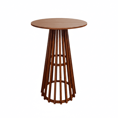A tall, round wooden bar table featuring a distinctive tapered base constructed from vertical wooden slats. — 3D model (AI enhanced source)
