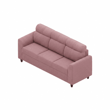 A modern three-seater sofa upholstered in a dusty pink or mauve fabric, featuring a clean, rectilinear silhouette. The sofa includes three distinct seat cushions and three back cushions, with integrated, adjustable cylindrical headrests extending from the top of the backrests. It has wide, squared-off block arms and is supported by short, tapered black legs. — 3D model (AI enhanced source)