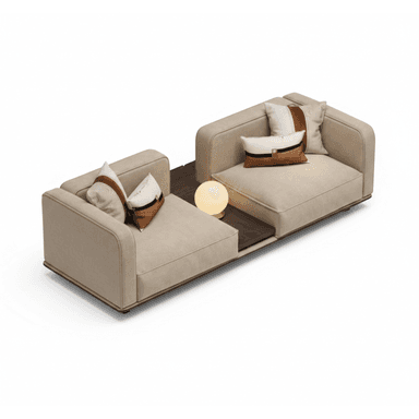 A modern modular sectional sofa featuring two upholstered seating units separated by a dark wood integrated side table. The sofa is upholstered in a light beige fabric, presenting a clean, contemporary aesthetic with rounded edges on the armrests and backrests. The integrated side table is made of dark wood, housing a spherical, illuminated lamp. Several decorative throw pillows with brown, white, and black accents are placed on the seating units. — 3D model (AI enhanced source)