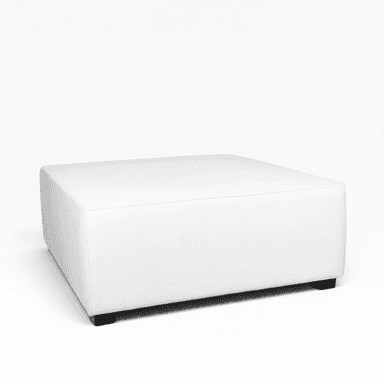 A contemporary square ottoman with clean lines, upholstered in white material, likely faux leather, and supported by low-profile, dark-colored feet. The upholstery features visible stitching along the edges, contributing to its tailored appearance. — 3D model (AI enhanced source)