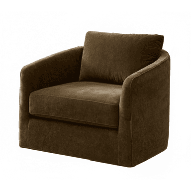 A comfortable, upholstered armchair with a solid, boxy base and rounded arms. It features a plush seat cushion and a single back cushion, both upholstered in a textured brown fabric. The armchair has a contemporary design with clean lines and a low profile. — 3D model (AI enhanced source)