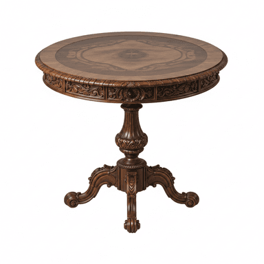 A dark brown wooden pedestal table with a round top featuring intricate marquetry. The table exhibits extensive ornate carving along the apron, the turned pedestal, and the scrolled tripod feet. The overall aesthetic is traditional and highly decorative. — 3D model (AI enhanced source)