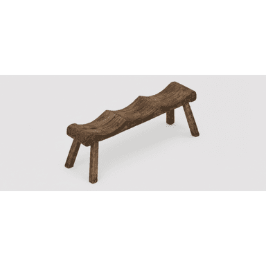 A rustic bench made from dark, carved wood featuring a saddle-shaped seat and four splayed legs. — 3D model (AI enhanced source)