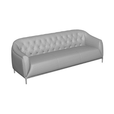 A modern three-seater sofa featuring a deeply button-tufted backrest, sleek integrated arms, three distinct seat cushions, and supported by a minimalist exposed metal frame with slim legs. The upholstery is a neutral grey. — 3D model (AI enhanced source)