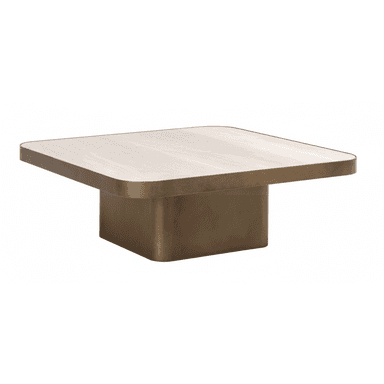 A contemporary square coffee table featuring a substantial plinth base in a bronze-toned metal finish and a light-colored top with subtly rounded corners. — 3D model (AI enhanced source)