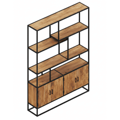 A tall, industrial-style shelving unit featuring a black metal frame and light brown wooden shelves and cabinet doors. The unit combines open shelving with closed storage compartments at the bottom. The shelving layout is partly asymmetrical, creating varied display spaces. The overall aesthetic is raw and functional, characteristic of industrial design. — 3D model (AI enhanced source)