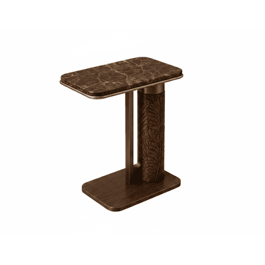 A tall, slender accent table featuring a rectangular dark brown marble top with rounded corners, supported by an ornate carved wooden column and a brass-toned metallic frame. The base is a flat, rectangular slab of dark wood. — 3D model (AI enhanced source)