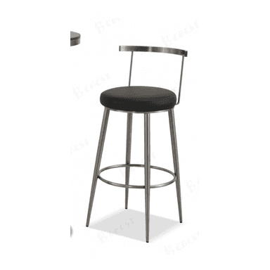 A contemporary bar stool featuring a round, black upholstered seat and a minimalist metal frame. It includes a curved metal backrest, four splayed tapered legs, and a circular footrest for stability and comfort. The metal has a brushed or matte silver/grey finish. — 3D model (AI enhanced source)