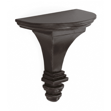 A dark brown, semi-circular wall shelf with a decorative, carved bracket. The shelf has a subtle curved edge and the bracket features multiple tiered elements, tapering towards the bottom with a rounded finial. — 3D model (AI enhanced source)