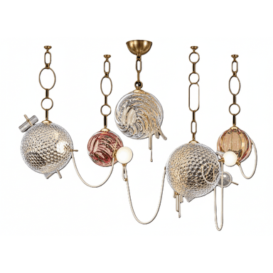 A contemporary chandelier featuring multiple glass spheres in varying sizes, colors, and textures, suspended from an intricate brass chain system and white tubular arms. The fixture has a central canopy from which decorative, elongated chain links descend, supporting the various glass elements and integrated light sources. Some spheres are clear textured, others are tinted amber or reddish-brown, and one appears to be clear glass with an internal swirl design. Small, frosted spherical bulbs are strategically placed among the larger glass elements, contributing to the overall diffused illumination. The design incorporates both fixed and free-hanging elements, creating an organic and dynamic visual composition. — 3D model (AI enhanced source)