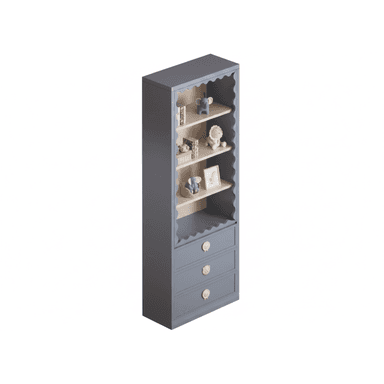A tall, slender storage unit featuring three open shelves with decorative scalloped edges and three functional drawers at the bottom. The exterior is a muted blue-grey, while the interior shelves are a lighter wood tone or cream. The drawers are adorned with whimsical animal-shaped pull knobs. The unit is shown holding various small decorative items, indicating its purpose in a child's environment. — 3D model (AI enhanced source)