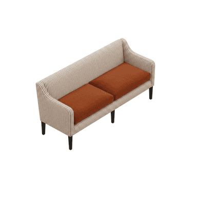 A two-seater upholstered settee featuring a high back, slightly flared arms, and four dark, tapered legs. The frame is covered in a striped fabric, complemented by solid reddish-brown seat cushions, and finished with decorative nailhead trim. — 3D model (AI enhanced source)