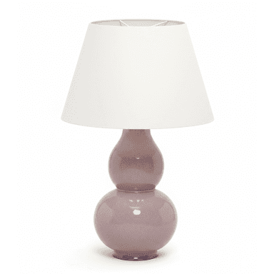 A table lamp featuring a double gourd-shaped ceramic base with a craquelure finish, topped by a white conical fabric shade. The base exhibits a muted lilac or lavender color with a distinct crackled glaze pattern. — 3D model (AI enhanced source)