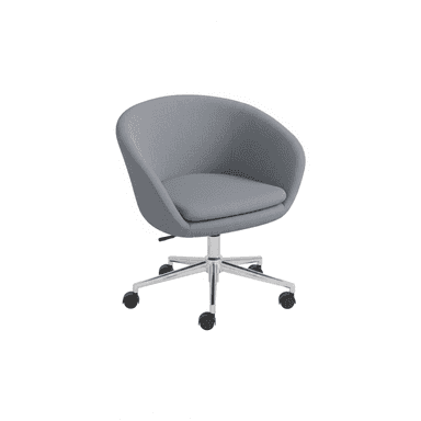 A modern upholstered swivel chair designed for desk or office use. It features a rounded bucket-style seat and back, integrated armrests, and a padded seat cushion, all covered in a textured gray fabric. The chair sits on a polished metal five-star base equipped with black rolling casters and a visible lever for height adjustment. — 3D model (AI enhanced source)
