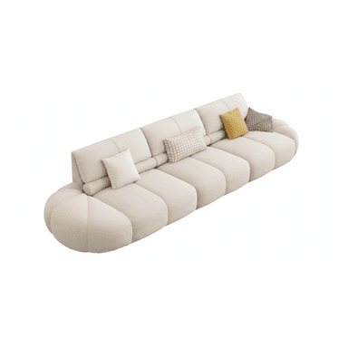 A long, low-profile sofa with a rounded, segmented base and backrest. The sofa features tufted or channel-stitched upholstery. It is accompanied by four throw pillows of varying sizes and patterns: two rectangular pillows with a subtle checkered pattern, one square cushion in a solid yellow, and one square cushion with a black and white gingham pattern. The overall design is contemporary with a soft, inviting aesthetic. — 3D model (AI enhanced source)
