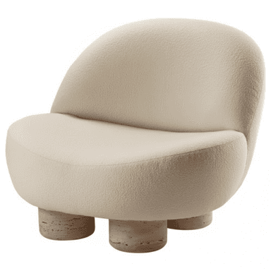 A low-slung, armless lounge chair with a rounded, organic form, upholstered entirely in a textured cream boucle fabric. It rests on three chunky, cylindrical legs made from natural travertine stone. — 3D model (AI enhanced source)