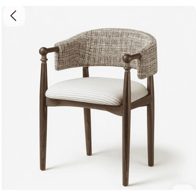 A contemporary armchair featuring a dark-stained wooden frame and mixed upholstery. The curved backrest is upholstered in a textured, multi-tone fabric with a geometric pattern, while the seat cushion is upholstered in a lighter, horizontally striped fabric. The wooden arm supports terminate in rounded finials. — 3D model (AI enhanced source)