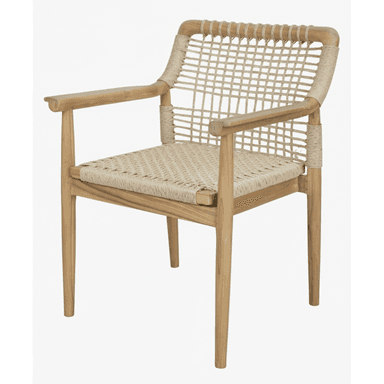 A natural wood armchair featuring a square-profile wooden frame with rounded armrests. The seat and backrest are constructed from tightly woven, light-toned rope or cord, creating a breathable, open pattern. The wooden elements appear to be teak or a similar light-colored hardwood, exhibiting a smooth, matte finish. The chair has a simple, clean design with four straight legs. — 3D model (AI enhanced source)