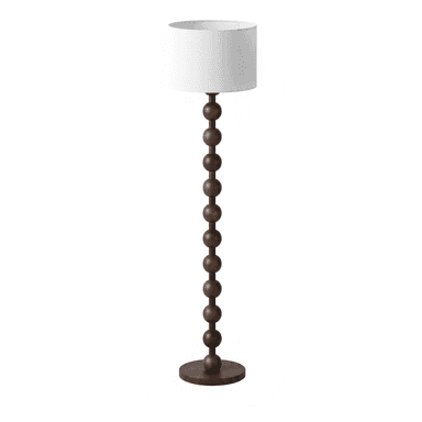 A tall floor lamp featuring a distinctive dark brown wooden stem composed of a series of stacked, spherical beads. It rests on a flat, round wooden base and is topped with a simple white cylindrical fabric drum shade. — 3D model (AI enhanced source)