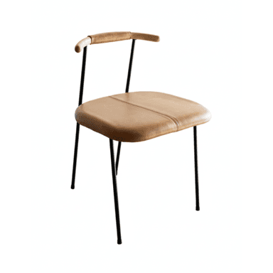 A contemporary dining chair featuring a tan saddle leather upholstered seat with a central stitch line, set on a slender black metal frame. The backrest consists of two upright black metal rods supporting a gently curved wooden bar, partially wrapped in matching saddle leather, which also functions as a minimal armrest. The overall design is minimalist and clean-lined. — 3D model (AI enhanced source)