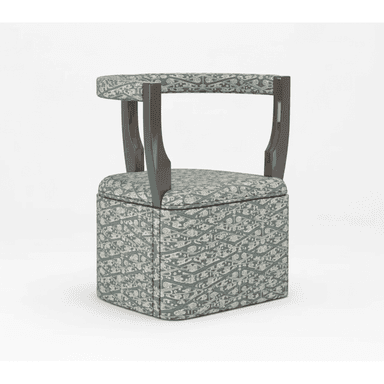 A compact upholstered club chair with a distinctive open backrest and integrated armrests. The chair features a cubic base entirely covered in a patterned fabric, displaying an intricate, possibly organic or geometric, design in light gray against a muted blue-green background. The visible frame elements of the back and arms are made of dark brown wood with a smooth, polished finish. — 3D model (AI enhanced source)
