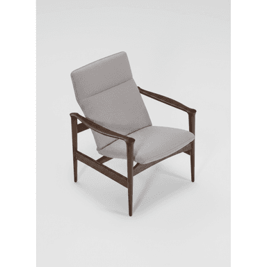 A mid-century modern armchair with a solid wood frame and upholstered seat and backrest. The frame features elegantly curved armrests and tapered legs, supporting a seat and a slightly reclined, segmented backrest. The upholstery is a textured light grey fabric. — 3D model (AI enhanced source)