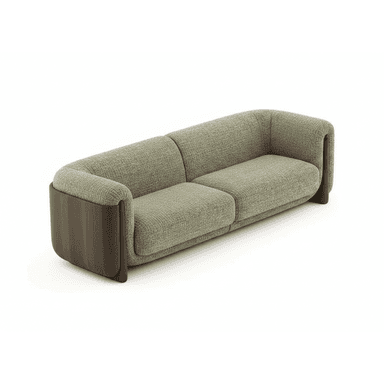 A modern two-seater sofa featuring a light green textured fabric upholstery and distinctive dark wood curved end panels that seamlessly integrate as armrests and frame the seat. — 3D model (AI enhanced source)