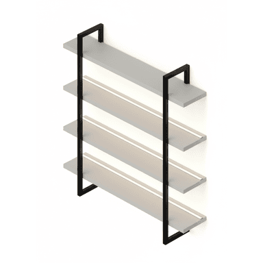A contemporary four-tiered wall-mounted shelving unit featuring light gray shelves and a matte black metal frame. Each shelf has an integrated LED light strip on its underside, designed to illuminate the shelf below. — 3D model (AI enhanced source)