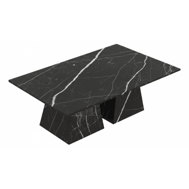 A rectangular black marble coffee table featuring prominent white veining. The tabletop is a solid slab supported by two robust, geometric trapezoidal bases that are also crafted from the same black marble, creating a cohesive and monolithic appearance. The design is modern and minimalist, emphasizing clean lines and natural material. — 3D model (AI enhanced source)
