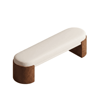 A modern, minimalist bench featuring a long, rectangular upholstered seat with rounded ends, supported by two solid, curved wooden base elements at each end. The upholstery is a light, neutral color, possibly off-white or cream, contrasting with the rich, warm tone and distinctive grain of the wood, which appears to be burl wood. The design emphasizes clean lines and a sculptural form. — 3D model (AI enhanced source)