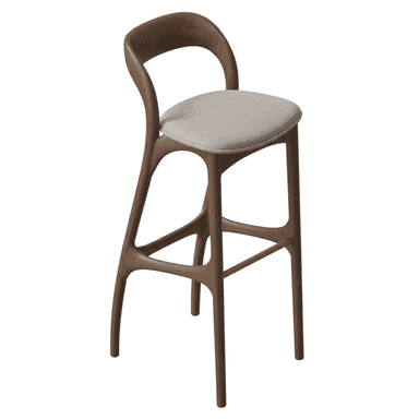 A contemporary bar stool with a dark walnut wood frame, featuring gracefully curved elements forming the backrest and legs. It has a padded, light grey fabric upholstered seat and a brass-finished metal footrest. — 3D model (AI enhanced source)