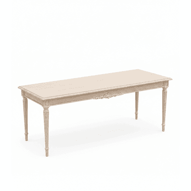A rectangular dining table crafted from light-toned, possibly whitewashed or distressed wood, featuring classic French Provincial styling. The table has a simple rectangular top, an intricately carved apron with a central scroll motif, and four slender, fluted, and tapered legs. — 3D model (AI enhanced source)