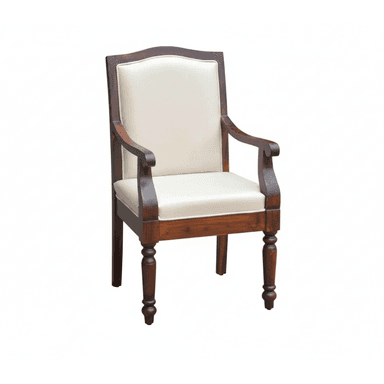 A traditional armchair featuring a dark-stained wooden frame with upholstered seat and back in a cream-colored fabric. It has curved armrests and turned front legs. — 3D model (AI enhanced source)