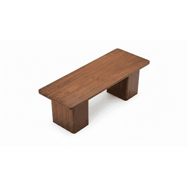 A rectangular dark wood bench featuring a thick top and two solid, slab-style legs, showcasing a minimalist design with visible wood grain and subtly rounded edges. — 3D model (AI enhanced source)