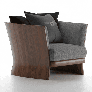 A sophisticated lounge chair featuring a distinctive dark wood frame that curves elegantly to form the back and sides, encasing a comfortable grey upholstered seat and backrest. The chair includes two black and one grey throw pillows, one of which features a winged logo, suggesting a luxury brand affiliation. — 3D model (AI enhanced source)