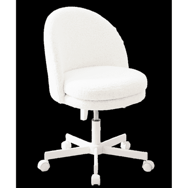 A white bouclé upholstered swivel desk chair featuring a rounded backrest and seat, set on a five-star base with caster wheels. The chair has an adjustable height mechanism visible below the seat. — 3D model (AI enhanced source)