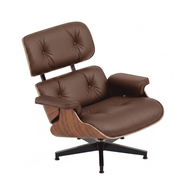 A classic Mid-Century Modern lounge chair featuring a distinctive molded plywood shell with a dark wood veneer finish, paired with plush, button-tufted brown leather upholstery. The chair comprises a separate seat, backrest, and headrest, all generously padded. It rests on a black, four-star aluminum swivel base, characteristic of its iconic design. The armrests are also padded and upholstered in matching brown leather. The overall aesthetic is one of sophisticated comfort and timeless design. — 3D model (AI enhanced source)