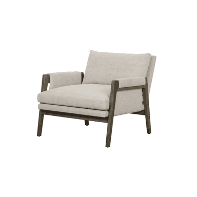 A modern upholstered armchair featuring a prominent exposed dark wooden frame that encases light-colored fabric cushions for the seat, back, and armrests. The design is contemporary and minimalist, emphasizing clean lines and comfort. — 3D model (AI enhanced source)