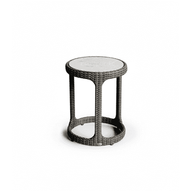 A contemporary round side table featuring a woven gray synthetic wicker base and a light-colored, possibly glass or ceramic, tabletop. The table has an open, cylindrical form with a flared base and top rim, designed for outdoor use. — 3D model (AI enhanced source)