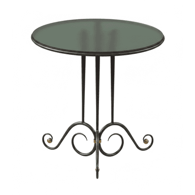 A small, round side table with a dark green glass top and a wrought iron base. The base features three slender legs that curve outwards and are connected by decorative scrollwork with small brass accents. — 3D model (AI enhanced source)