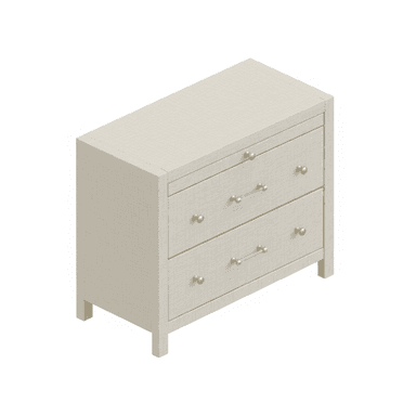 A compact chest of drawers with three visible drawers. The exterior has a textured linen-like finish. Each drawer is equipped with two small, spherical brass knobs. The piece is supported by four square legs. — 3D model (AI enhanced source)