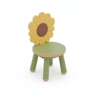 A vibrant green, yellow, and brown child's chair featuring a distinctive sunflower-shaped backrest. The chair has a round, flat seat and four sturdy, tapered legs, all primarily painted green. Natural wood accents are visible around the rim of the seat and at the feet of the legs. Its design is playful and well-suited for a child's environment. — 3D model (AI enhanced source)