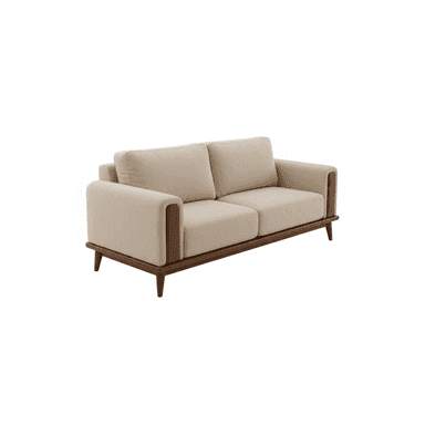 A modern two-seater sofa featuring a minimalist design, beige fabric upholstery, and a dark wood exposed frame with tapered legs. The sofa includes two seat cushions and two back cushions. — 3D model (AI enhanced source)
