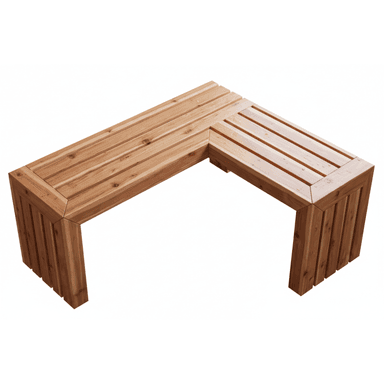 An L-shaped bench constructed from light-toned wooden slats, featuring a contemporary design. The slatted surfaces are present on both the seat and the solid block-style legs, creating a cohesive and sturdy appearance. The bench is designed to fit into a corner, providing versatile seating. — 3D model (AI enhanced source)