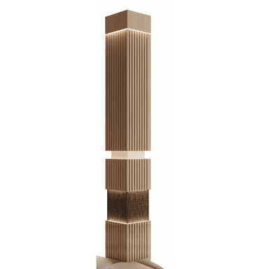 A modern floor lamp with a tall, rectangular prism design. The lamp features vertical slatted wooden panels with integrated LED lighting. It has distinct sections, including a solid wood top and base, with a central section that incorporates a mesh or perforated material, illuminated from within. The overall aesthetic is minimalist and contemporary. — 3D model (AI enhanced source)