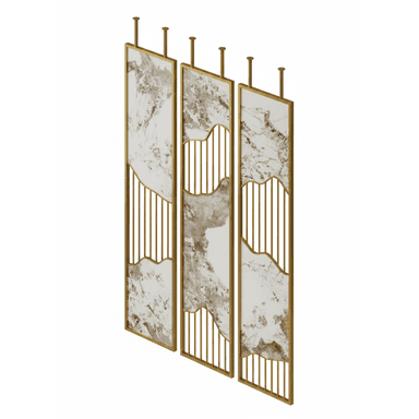 A set of three decorative room divider panels, each featuring a polished brass frame with sections of white and grey marble-effect material and vertical brass slats. The marble-effect inserts have curved, organic cutouts that contrast with the linear brass elements. — 3D model (AI enhanced source)