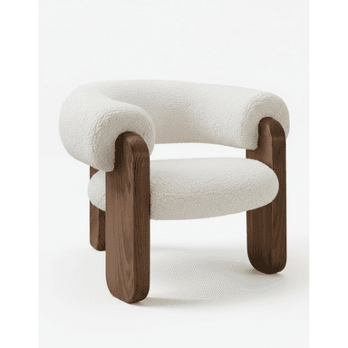 A low-profile lounge chair featuring a thick, rounded seat and back upholstered in white bouclé fabric, supported by a robust dark wood frame with curved, solid legs. — 3D model (AI enhanced source)
