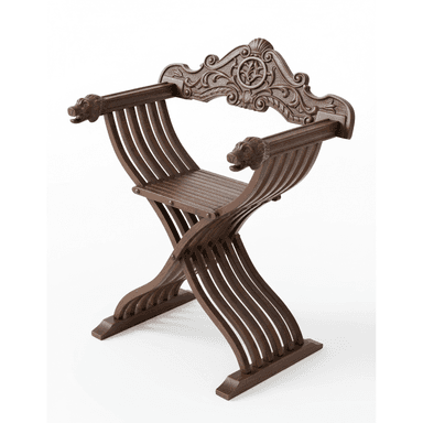 A dark brown carved wood Savonarola chair, also known as a Dante chair, featuring an iconic X-shaped, collapsible frame. The chair has a slatted seat and back, allowing for a comfortable recline. Its armrests are elaborately carved, terminating in decorative lion heads. The backrest is highly ornate, displaying intricate scrollwork and floral motifs, characteristic of Renaissance design. The construction suggests a historical and distinguished piece of furniture. — 3D model (AI enhanced source)